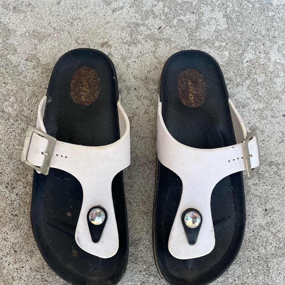 White and Black Sandals with Buckle and Jewel detailing